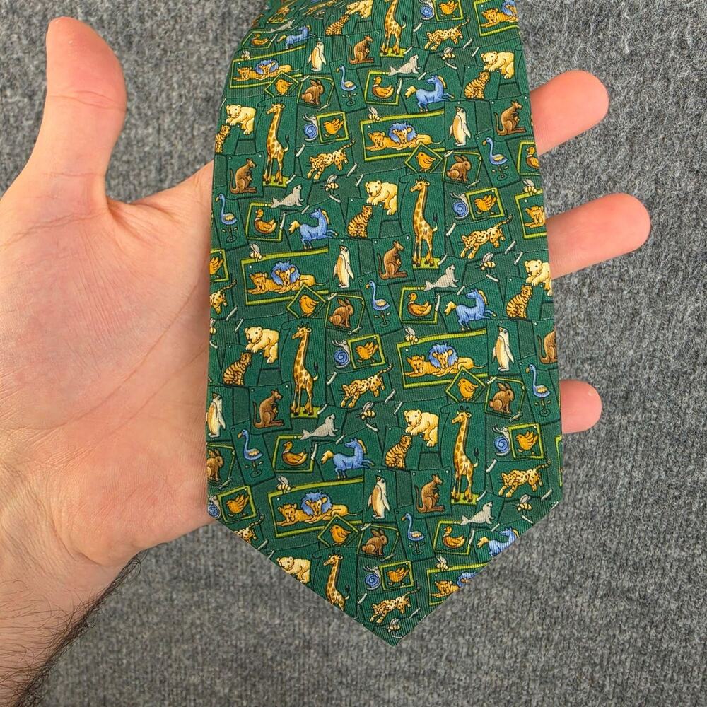 Salvatore Ferragamo Tie Mens Green Silk Animal Print Zoo Novelty Luxury Italy